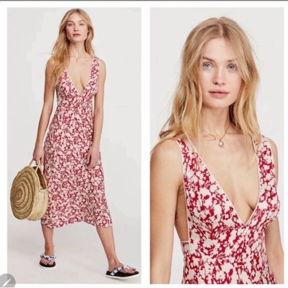 NWT Free People Red Cream Floral Deep Vneck Midi Dress size 2